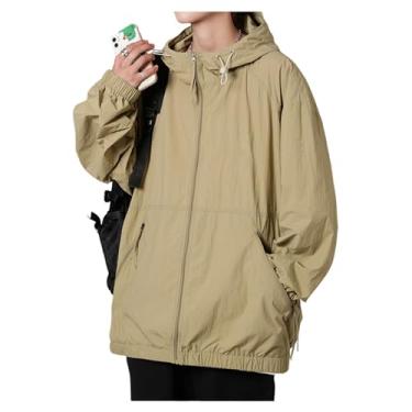 Imagem de Jaqueta masculina leve, corta-vento, cor sólida, capa de chuva, casaco de ciclismo com capuz ajustável, Marrom-claro, GG