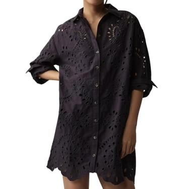 Imagem de Meladyan Camisa feminina bordada com ilhós, botões e manga comprida, estilo túnica com camisola, Preto, Large