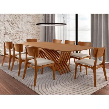 Imagem de Conjunto de Mesa de Jantar Retangular com Tampo Madeira Grazzia e 8 Cadeiras Parma Linho Bege e Imbuia