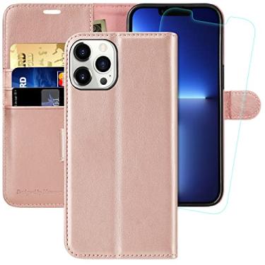 Imagem de MONASAY Capa carteira compatível com iPhone 13 Pro 5G, 6,1 polegadas [protetor de tela de vidro incluído] [bloqueio RFID] Capa flip de couro com suporte para cartão de crédito, ouro rosa