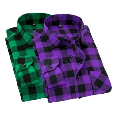 Imagem de Cromoncent Pacote com 2 camisetas masculinas casuais xadrez de flanela com botões, Roxo + verde, GG
