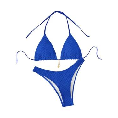 Imagem de SHENHE Biquíni feminino triangular, corte alto, amarrado nas costas, 2 peças, maiô frente única, Azul royal, M