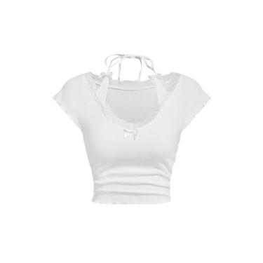 Imagem de Verdusa Camiseta feminina de renda contrastante frente única, acabamento em alface, casual, cropped, Branco, G