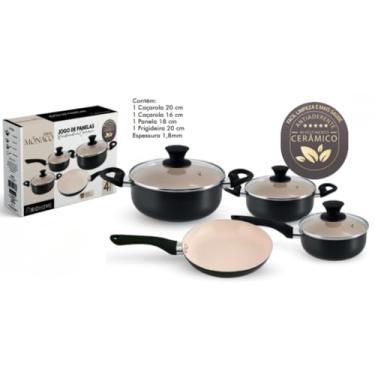 Imagem de Conjunto de panelas 4 Peças Antiaderente Tampa Vidro Revestimento Cerâmicos Preta - Rio home