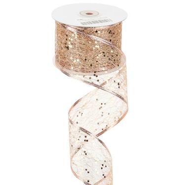 Imagem de MEEDEE Fita de malha de arame com glitter de ouro rosa com fita de Natal em ouro rosa brilhante fita metálica de 6 cm fita de ouro rosa para decoração de árvore de Natal, fabricação de arco de guirlanda (25 jardas)