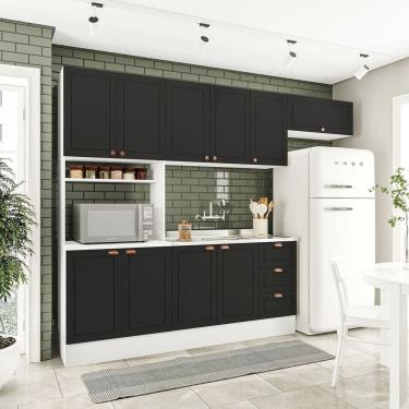 Imagem de Cozinha Pérola com Rodapé 4 Peças Paneleiro/torre Quente Aéreo 3 Portas Balcão 120 e Basculante Yesc Branco/Preto