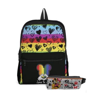 Imagem de Kit Mochila com Bolso e Estojo Escolar Infantil Mickey e Minnie Menina