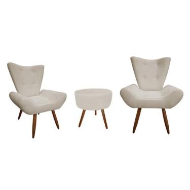Imagem de Kit 2 Poltronas Decorativa Emilia + Puff Redondo Suede Bege Pés Madeir