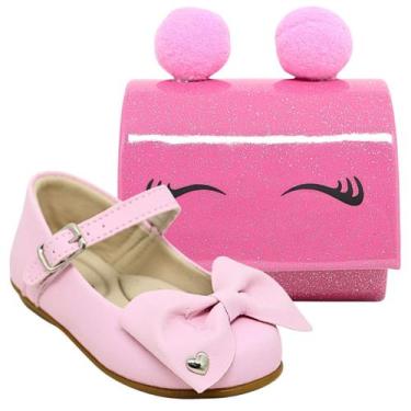 Imagem de Kit Sapatilha Infantil Menina De Laço Dourada E Bolsa Criança De Pompo
