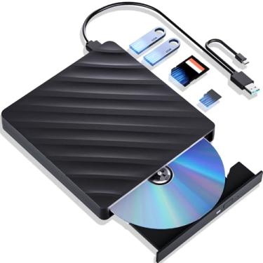 Imagem de Unidade Blu Ray externa 5 em 1, leitor de Blu-ray portátil com USB 3.0 Tipo-C, gravador de CD DVD 3D Blu Ray com porta SD/TF, unidade Blu Ray compatível com Windows Laptop Desktop (versão original)