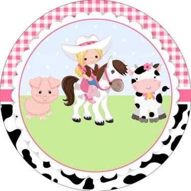 Imagem de Painel De Festa Redondo 1,50x1,50 - Vaqueira Rosa com Animais Loira 04