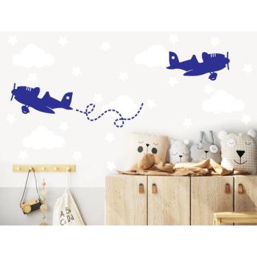 Imagem de adesivo de parede avião e nuvens decoração quarto de meninos - Adesivo
