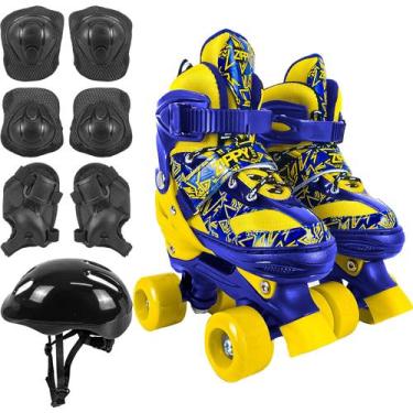 Imagem de Patins Quad Amarelo E Azul Roller Infantil Ajustável Para Crianças C/ 