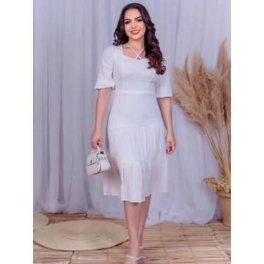 Imagem de Vestido Midi Soltinho Festa com Manga 3/4 Elegante - Fashion, Branco, 