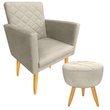 Imagem de Kit 1 Poltrona Decorativa + Puff Maitê Estilo Matelassê Linho Palha - 