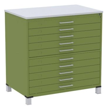 Imagem de Mapoteca 10 Gavetas Pandin 120 cm (Larg) Inmetro Tampo MDP Cinza Estrutura e Gavetas em Aço Verde