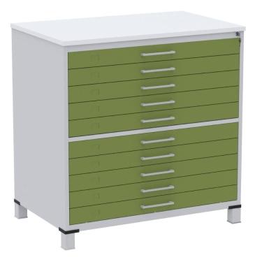 Imagem de Mapoteca 10 Gavetas Pandin 120 cm (Larg) Inmetro Tampo MDP Branco Estrutura Aço Cinza Gavetas Verdes