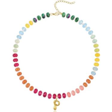 Imagem de QILMILY Colar feminino com inicial inicial de bolha, pingente de letra dourada, gargantilha com pedras preciosas e contas feitas à mão, joia de pedra natural, 16 inches, Cobre, Sem Pedra Preciosa