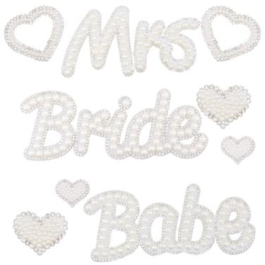 Imagem de beinkmake 9 peças de adesivos de noiva com contas de ferro em strass pérola letra coração aplique costurado em bastão de glitter na Mrs Babe Patch para roupas, chapéus, bolsas, sapatos, jeans,