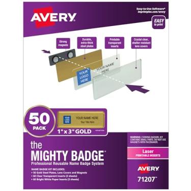 Imagem de The Mighty Badge da Avery, etiquetas douradas de 2,54 cm x 7,62 cm, 50 crachás de identificação, 120 inserções para impressoras a laser (71207)