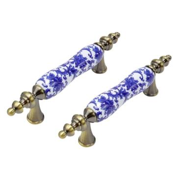 Imagem de MY MIRONEY Puxadores de Gaveta de Cerâmica Estilo Chinês Antigo Azul Floral Puxadores de Armários Ferragens Puxadores de Porta de Armário de Cozinha para Armário Cômoda Roupeiro, Orifícios de 7,6 cm