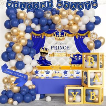 Imagem de Hombae Royal Prince Baby Shower Decorations, Little Prince Baby Shower Decorations Boy, A Little Prince Is On The Way Backdrop Balloon Welcome Baby Banner Cake Cupcake Topper Box Cutout Sash, 122 PCs