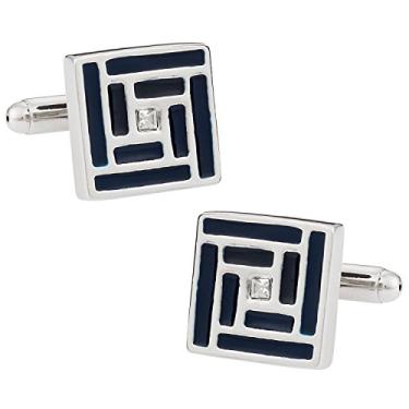 Imagem de Abotoaduras prateadas com centro de cristal e caixa de apresentação do labirinto azul marinho Cuff-Daddy