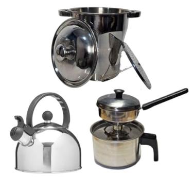 Imagem de Kit cozinha Inox com Cuscuzeira Grande 2,5L e Individual Peitinho e Chaleira com apito fogão indução elétrico e a gás