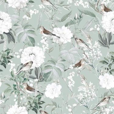 Imagem de VEELIKE Papel de parede de pássaro verde macio com cola e descasca vintage chinoiserie papel de parede floral para quarto banheiro mural de parede removível pré-colado 43 cm x 900 cm papel de contato