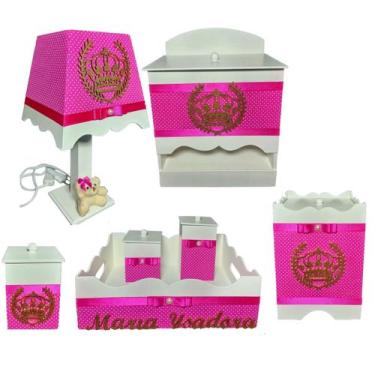 Imagem de Kit Higiene bebê Mdf menina 7 pçs - ROSA PINK COM BOLINHA DE COROA - F
