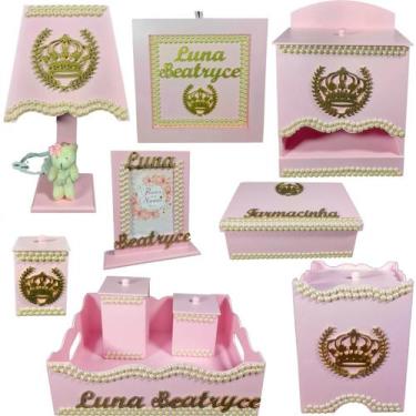 Imagem de Kit Higiene bebê Mdf 10 peças - ROSA COM PEROLAS DE COROA - Flores par