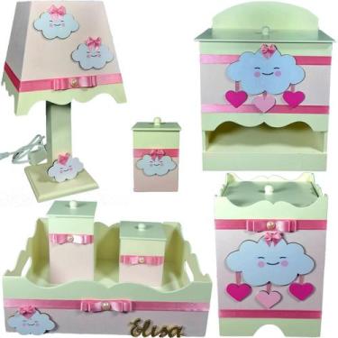 Imagem de Kit Higiene bebê Mdf menina 7 pçs - CHUVA DE AMOR Creme e Rosa - Flore