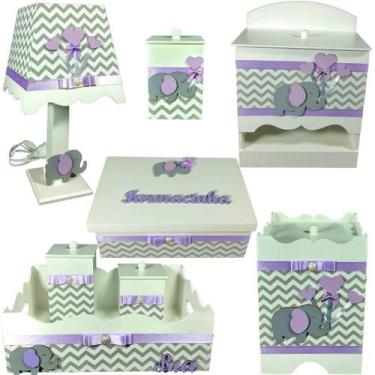 Imagem de Kit farmacinha Higiene bebê Mdf 8 pçs - CHEVRON CINZA ELEFANTE LILAS -