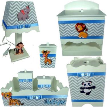 Imagem de Kit Higiene bebê Mdf menino 7 pçs - SAFARI CHEVRON CINZA AZUL - Flores