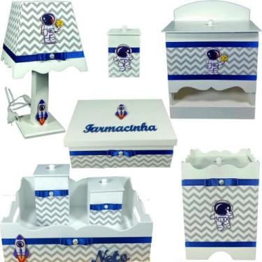 Imagem de Kit Higiene bebê Mdf 8 peças Astronauta Azul Chevron Cinza - Flores pa