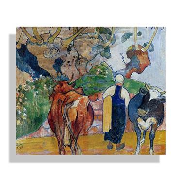 Imagem de Impressão de pinturas famosas de Paul Gauguin emolduradas em tela "Mulher camponesa e vacas em uma paisagem" Impressionismo Pôster e impressões em tela Arte de parede Imagens de paisagem 70 x 84 cm