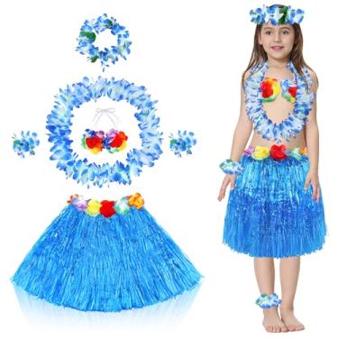 Imagem de Fortuning's JDS Saia havaiana de grama hula com flores de 40 cm para decoração de roupas de festa na praia de Luau, Azul, 40cm