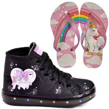 Imagem de Tênis Botinha Infantil Feminino De Led Unicórnio Cano Alto + Chinelo -
