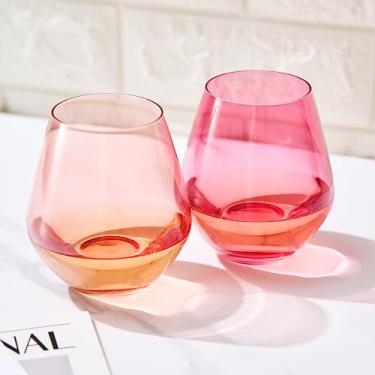 Imagem de Copos de vinho colorido coral e fúcsia | Conjunto de 2 | Copos grandes sem haste de 473 ml, estilo italiano rosa pêssego coral - vinho branco e tinto, água, copos de margarita, copo lindo copo soprado à mão