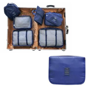 Imagem de Kit 8 Peças Organizador Para Mala de Viagem com Necessaire Cabide Azul