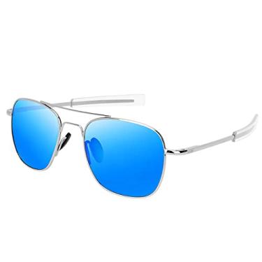 Imagem de RCXKOOM Óculos de sol masculino aviador militar piloto militar americano polarizado, hastes baioneta, Armação prateada espelhada azul, 55mm