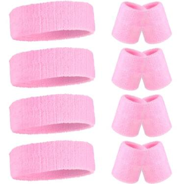 Imagem de Civaner 4 conjuntos de faixas de suor neon dos anos 80 anos 90 faixas de suor para treino de algodão tecido felpudo absorvente de cabeça elástica antiderrapante para homens e mulheres festa (rosa)