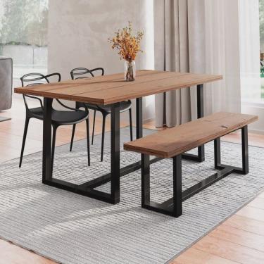 Imagem de Conjunto Mesa de Jantar Rústica e Banco de Madeira Maciça com 2 Cadeiras Allegra