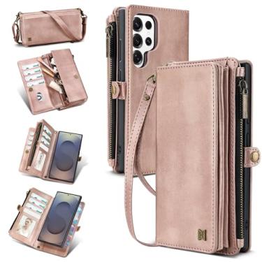 Imagem de QIXIU Capa carteira para Samsung Galaxy S25 Ultra (comporta batom, fones de ouvido, etc.), capa de telefone magnética portátil multifuncional de couro sintético com bloqueio RFID, alça de ombro (ouro