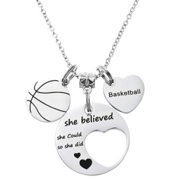 Imagem de YIQPKUM Colar de basquete inspirador corrente de aço inoxidável pingente esportivo joia para mulheres jogadoras treinadoras coração pingente acessórios presentes, Medium, Base de metal, Sem Pedra