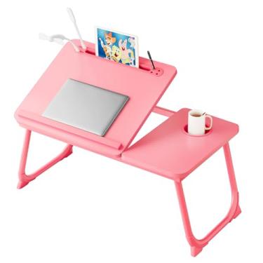 Imagem de Mesa de laptop para cama, suporte ajustável para laptop com 5 ângulos diferentes, bandeja de colo portátil com porta de carregamento USB e suporte de copo, bandeja de mesa para laptop para comer
