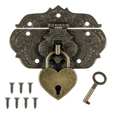 Imagem de Dobradiças e travas de caixa de joias com chave e parafusos de montagem, fechadura de caixa de joias com trava de coração bronze pequena trava de gravação antiga pequenas dobradiças decorativas para
