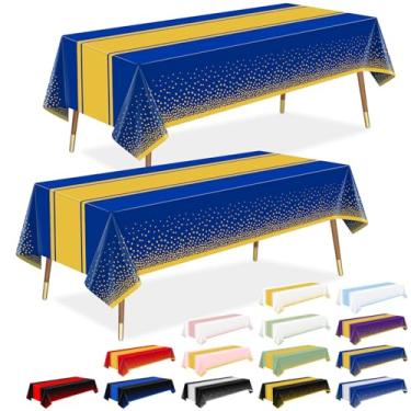 Imagem de LANLISA Toalha de mesa azul e dourada, decorações de formatura 2025, pacote com 12, toalhas de mesa de plástico descartáveis para baile de máscaras de aniversário, decoração de festa de aposentadoria