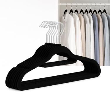 Imagem de Kit 10 Cabide de Veludo Slim Fininho Antideslizante Pra Roupas de Adulto Closets Guarda Roupas (Preto)