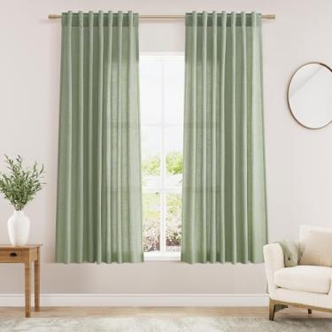 Imagem de Cortinas de linho Light Sage para sala de estar 153 cm de comprimento, conjunto de 2 painéis, cortinas de linho com filtragem de luz para cozinha, janelas, bolso para varão, aba traseira, curta